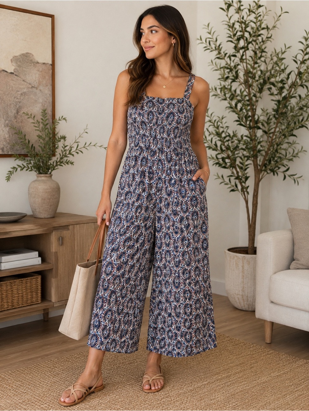 Scoop Boho Paisley Wide Leg Cropped Jumpsuit Size M